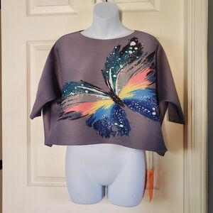 Miyake Runway Pullover Slinky Stretchy Pullover Blouse Butterfly Artsy Boho Crop